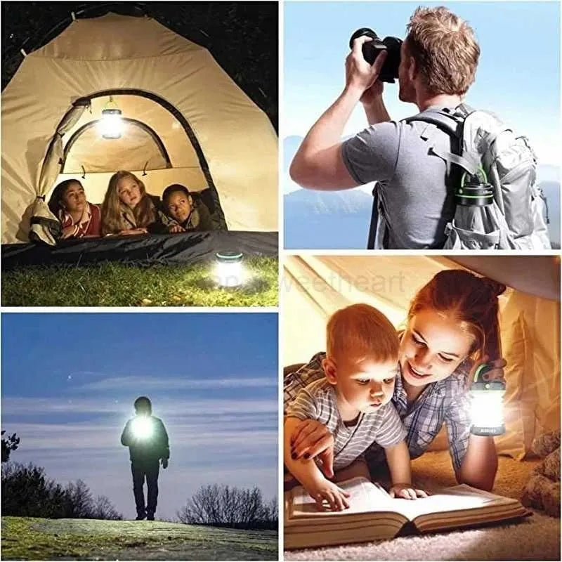 Collage of people using a camping light in various scenarios