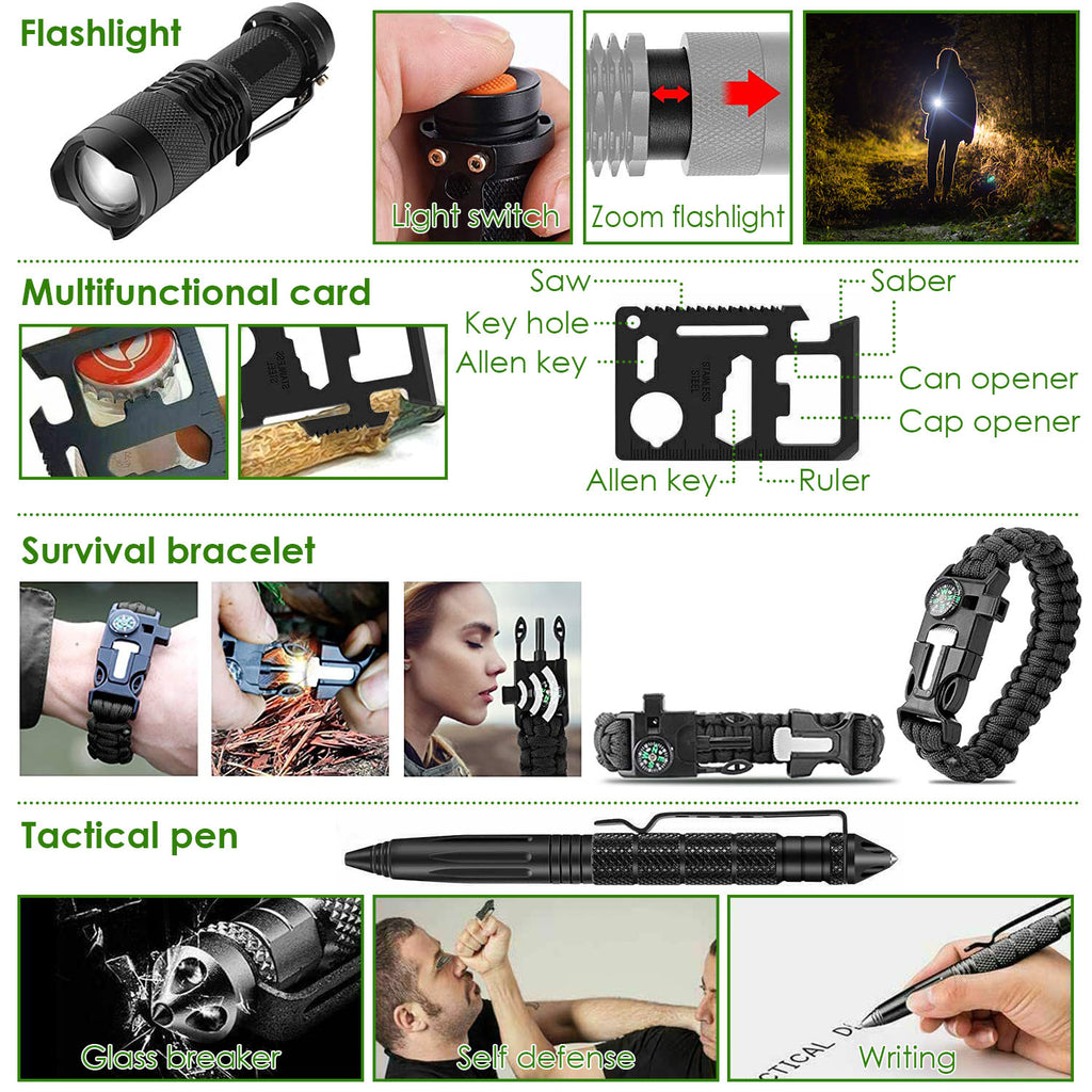 Multifunctional tools including a flashlight, survival card, bracelet, and pen with features highlighted.