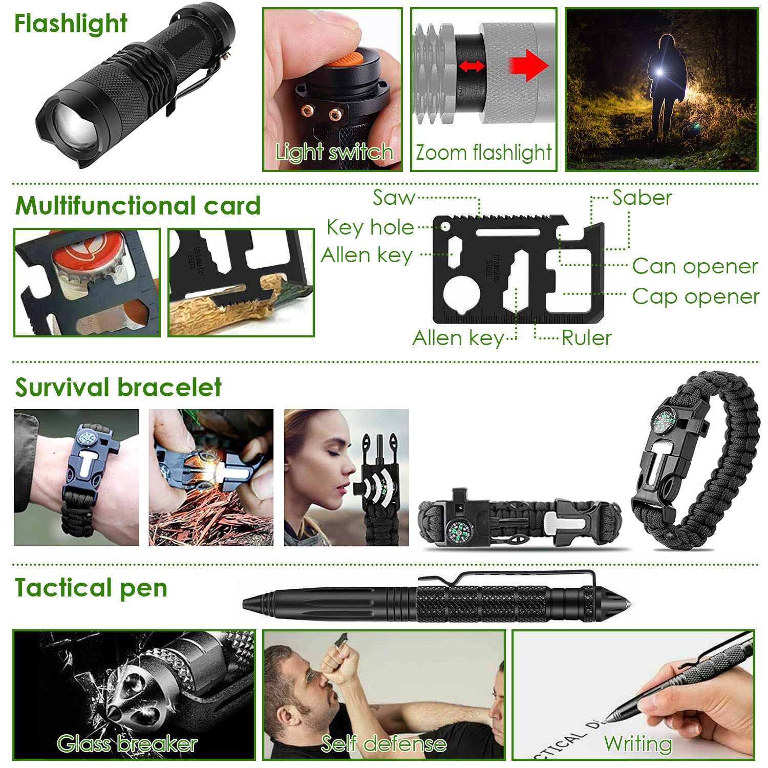 Multifunctional tools including a flashlight, survival card, bracelet, and pen with features highlighted.