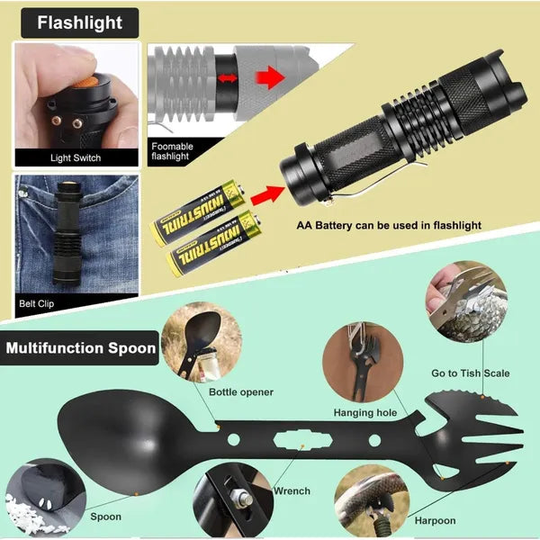 Multifunctional tool with flashlight and spoon features, including battery and switch details.