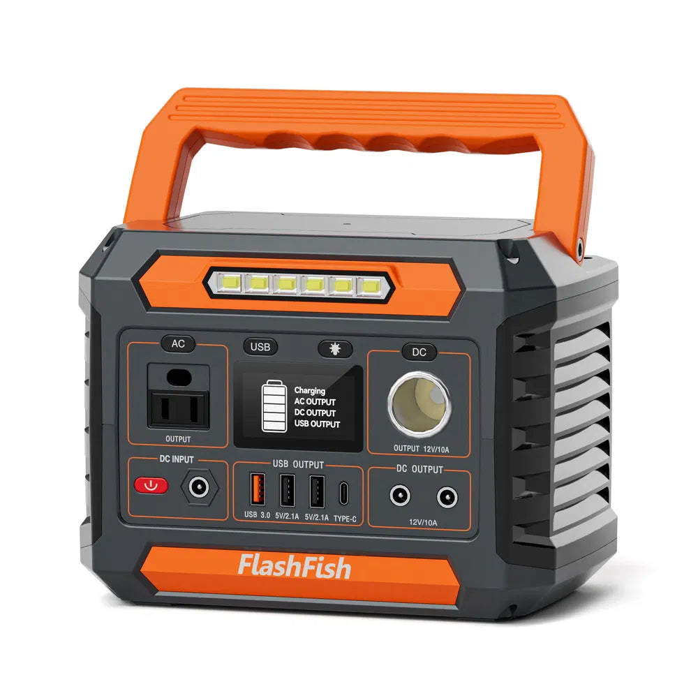 Portable power station with orange handle and visible 'FlashFish' branding on a white background
