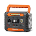 Portable power station with orange handle and visible 'FlashFish' branding on a white background