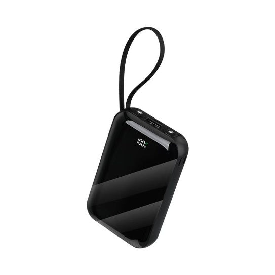 Black power bank with digital display on a white background