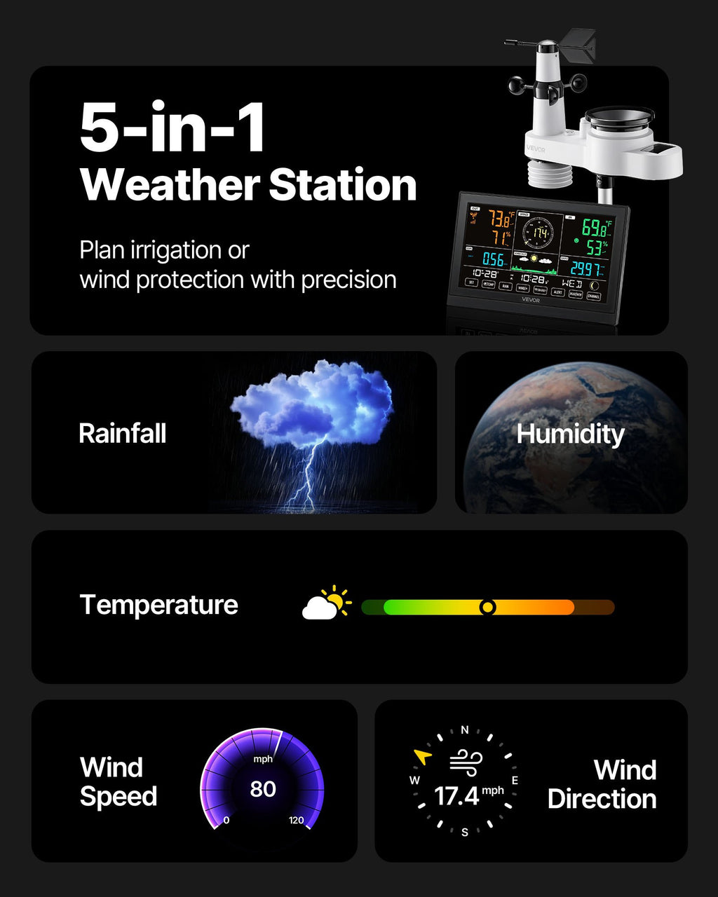 5-in-1 weather station with digital display on a black background