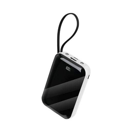 Black and white portable device with a digital display on a white background