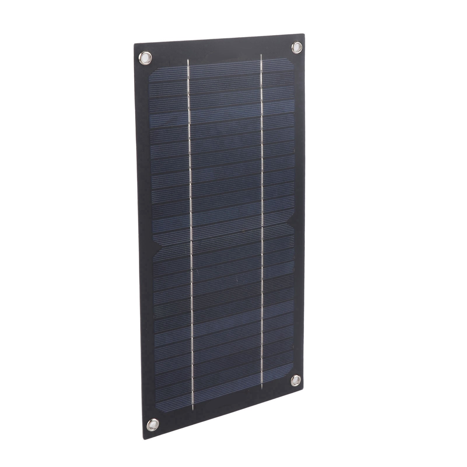 A rectangular solar panel with a black frame and dark blue photovoltaic cells, shown at an angle on a plain white background.