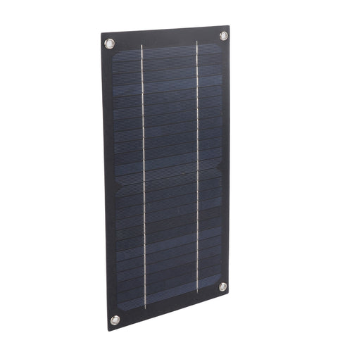 A rectangular solar panel with a black frame and dark blue photovoltaic cells, shown at an angle on a plain white background.