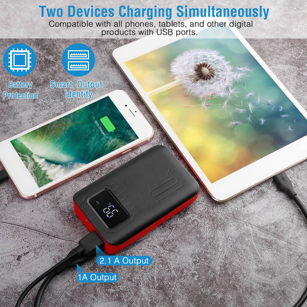Power bank charging two devices on a textured surface with text highlighting features.