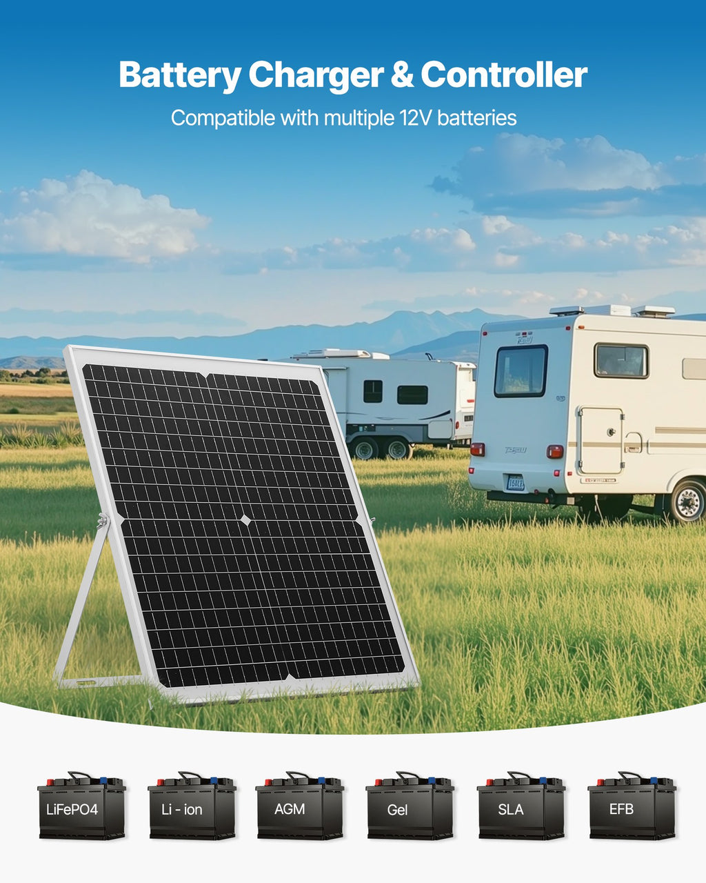 18V monocrystalline solar panel with kickstand front view