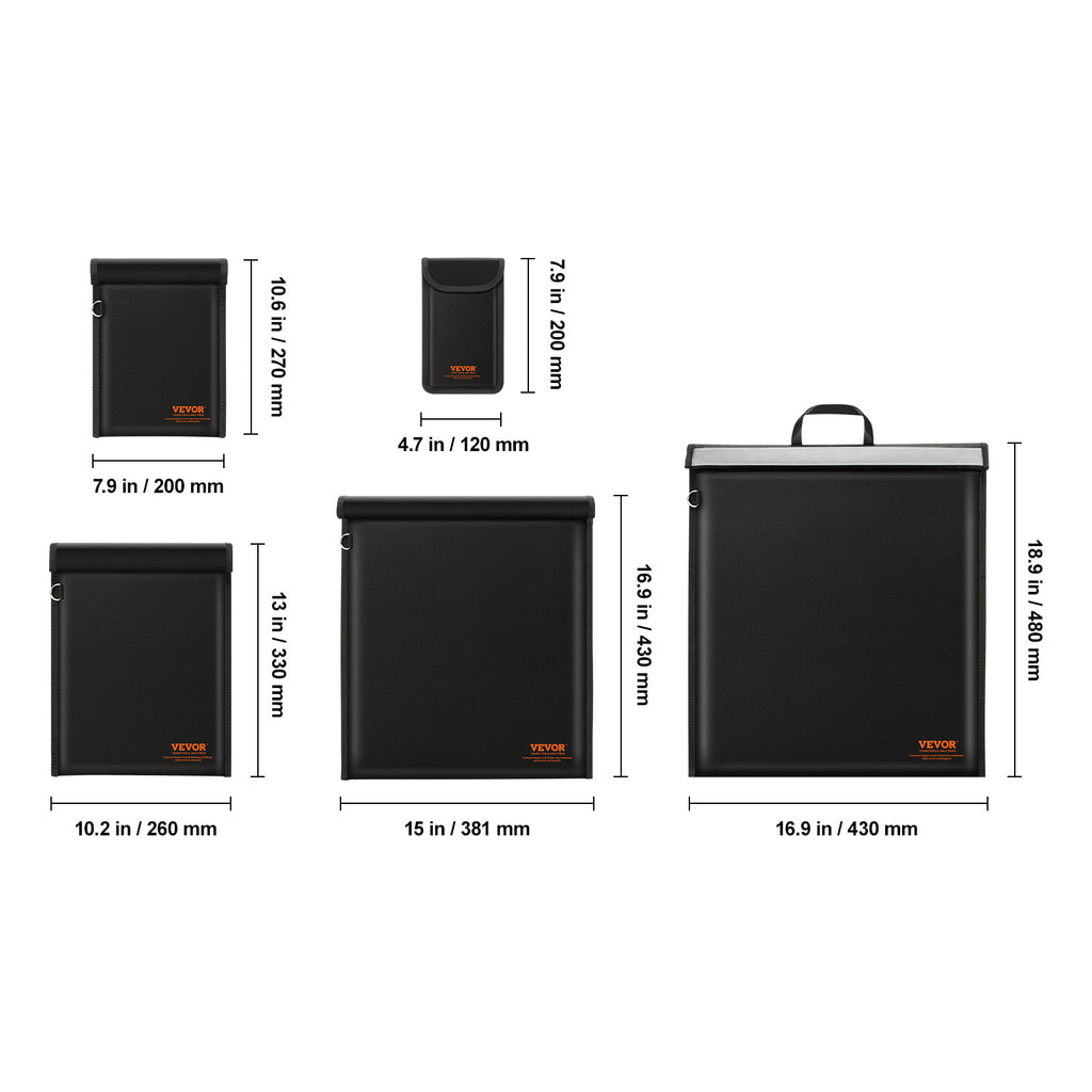 Black bags with dimensions labeled on a white background