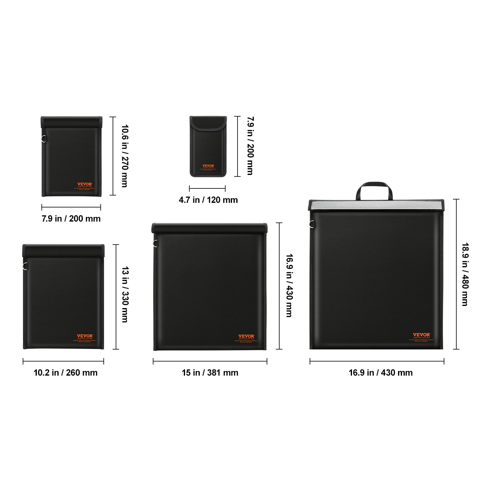 Black bags with dimensions labeled on a white background