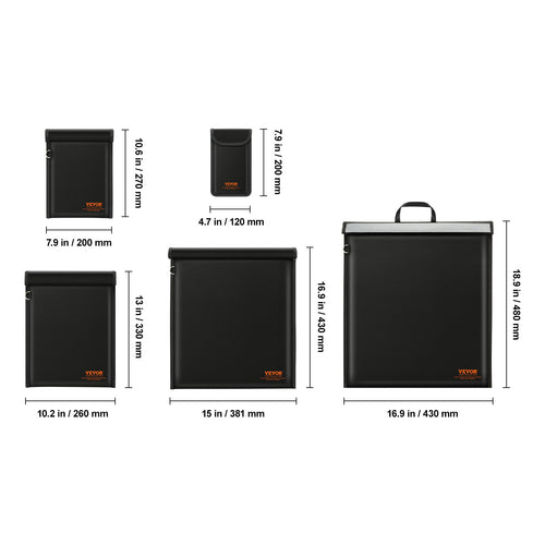 Black bags with dimensions labeled on a white background