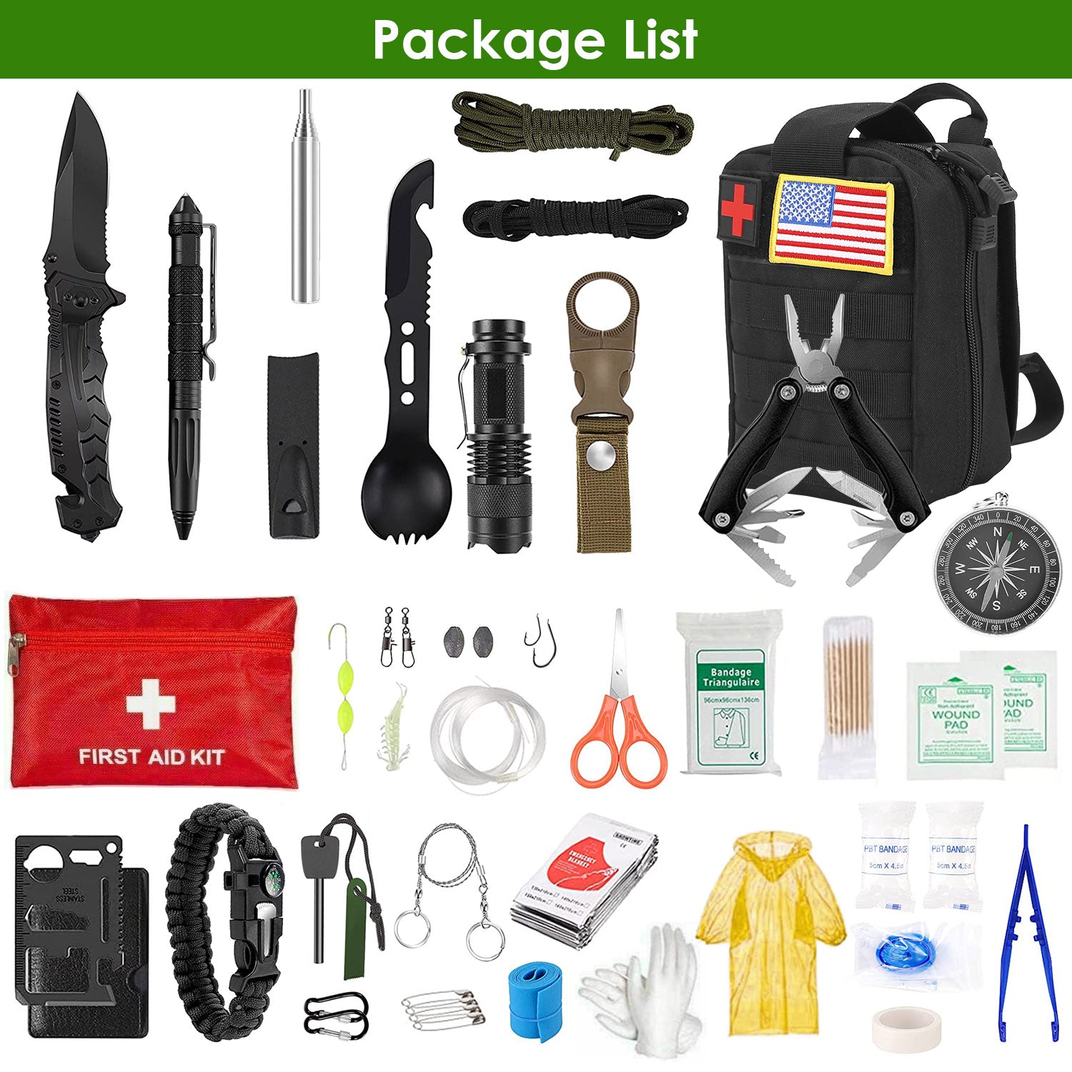 Collection of survival tools and first aid kit on a white background with a green banner at the top.