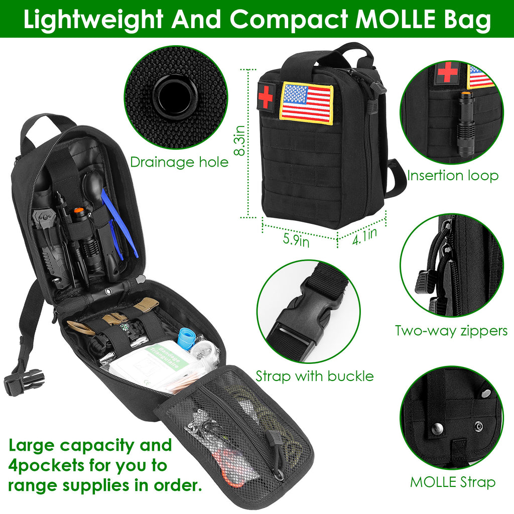 Black MOLLE bag with various features highlighted, including a drainage hole, insertion loop, two-way zippers, strap with buckle, and MOLLE strap.