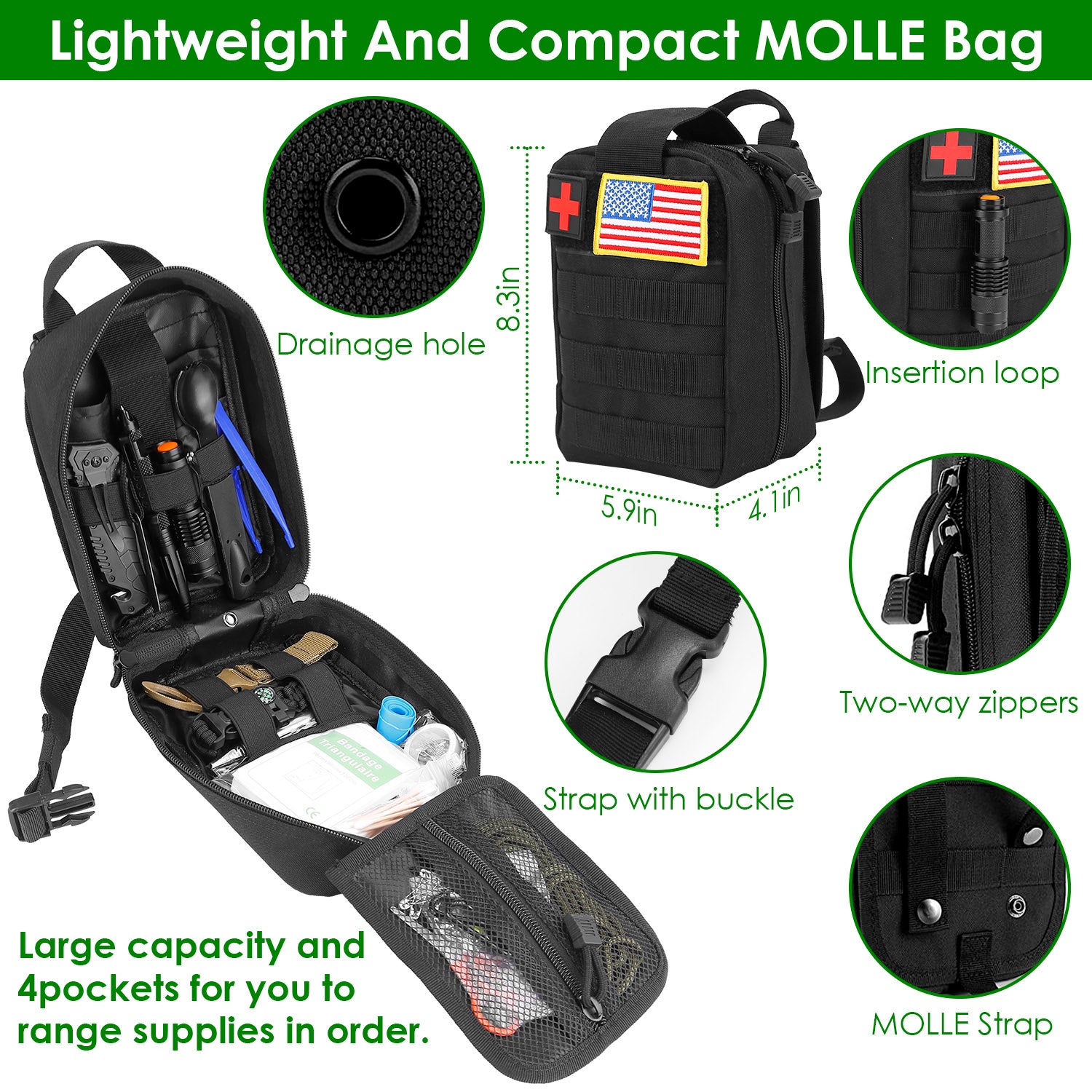 Black MOLLE bag with various features highlighted, including a drainage hole, insertion loop, two-way zippers, strap with buckle, and MOLLE strap.