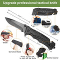 Folding tactical knife with features highlighted on a white background