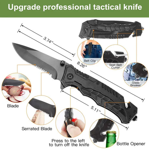 Folding tactical knife with features highlighted on a white background