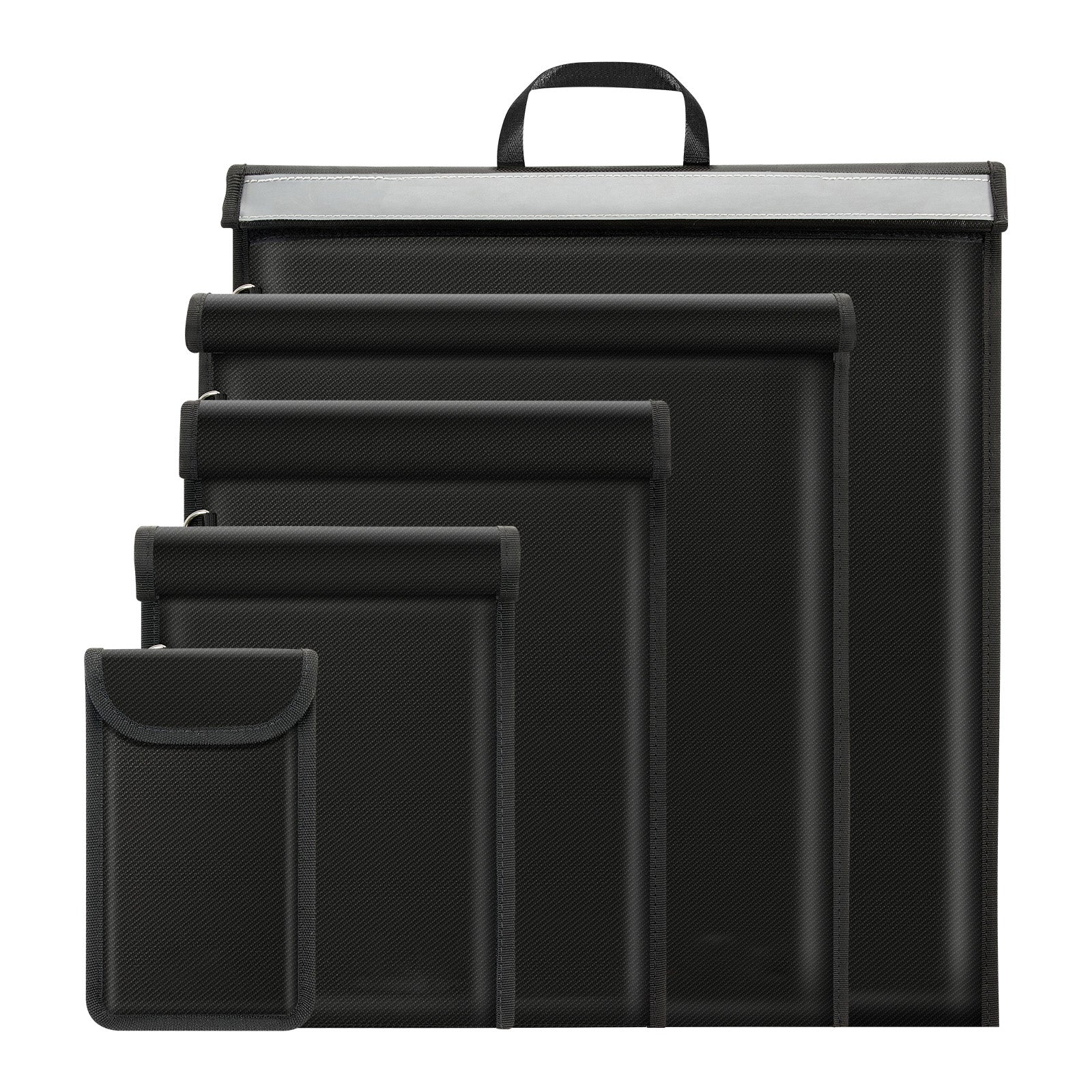 Set of black file folders of different sizes on a white background