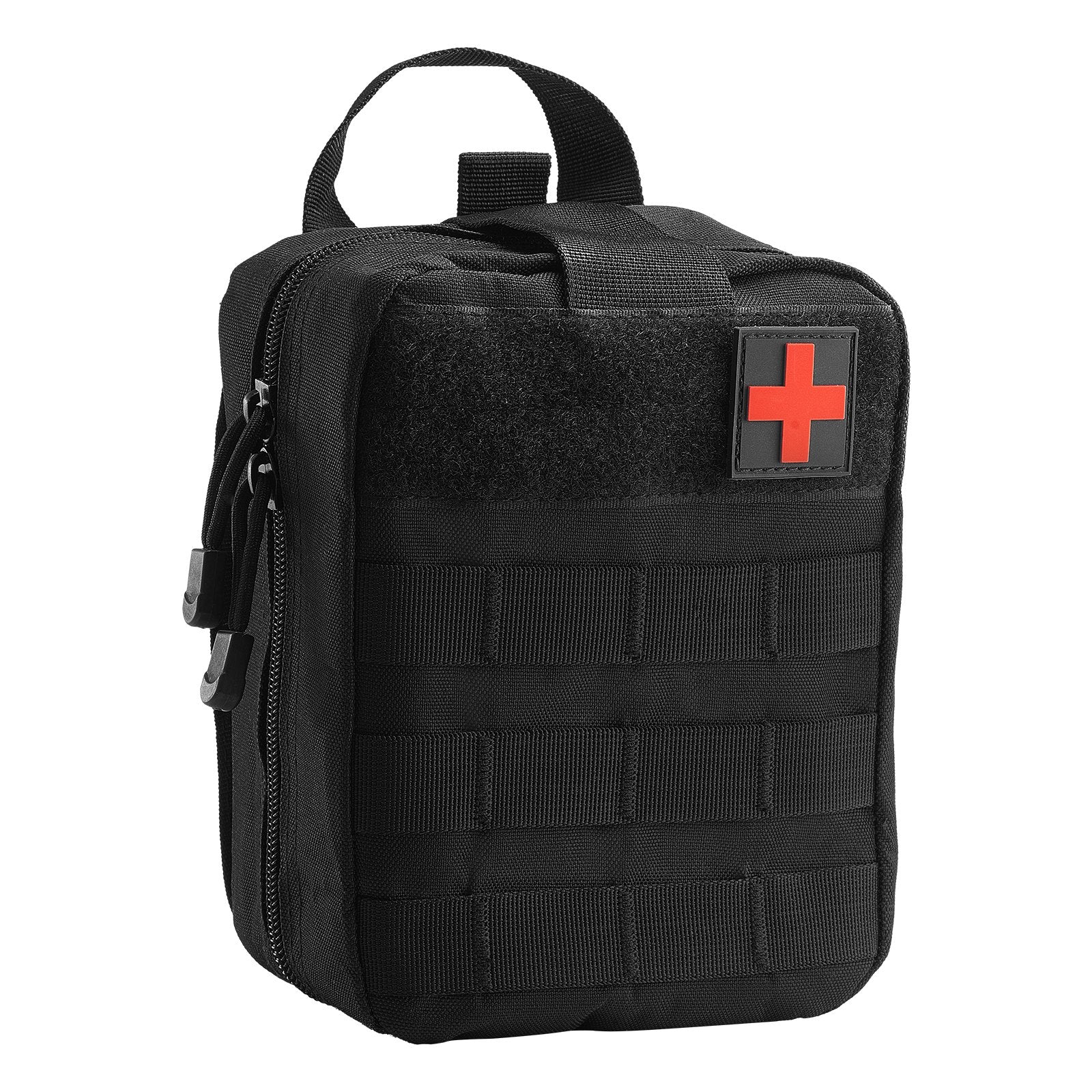 Black tactical医疗包 with a red cross on a white background