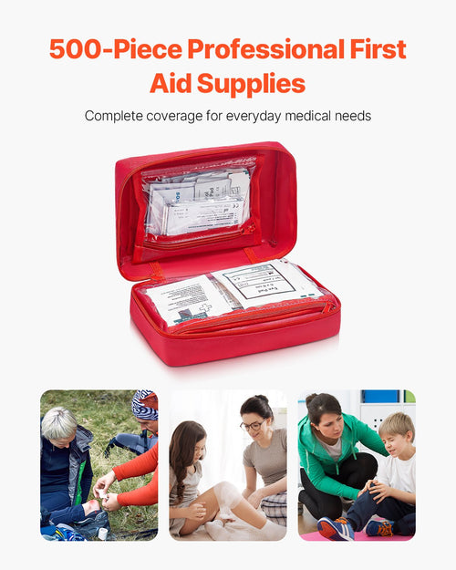 Red first aid kit with supplies on a white background, featuring images of people using the kit.