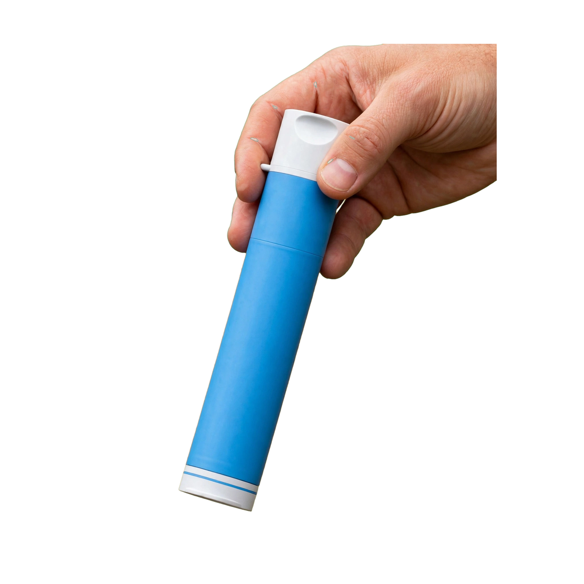 A hand holding a blue cylindrical container with white plastic ends against a plain white background.
