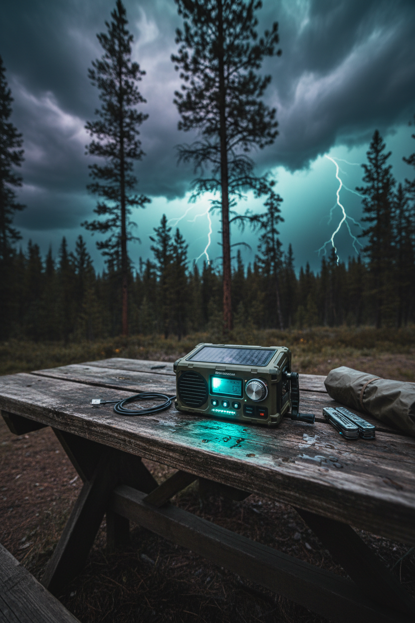 Solar hand crank emergency radio on a weathered campsite table, stormy dramatic sky, rugged outdoor survival aesthetic