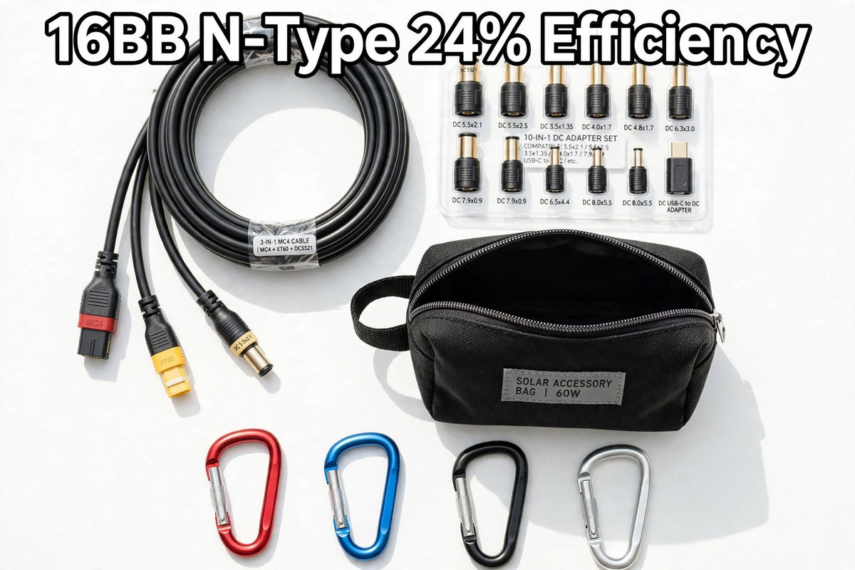 Solar accessory kit including a black coiled cable, adapter plug set in a clear case, a black zip pouch, four carabiners in red, blue, black, and silver, and text reading '16BB N-Type 24% Efficiency' on a white background.