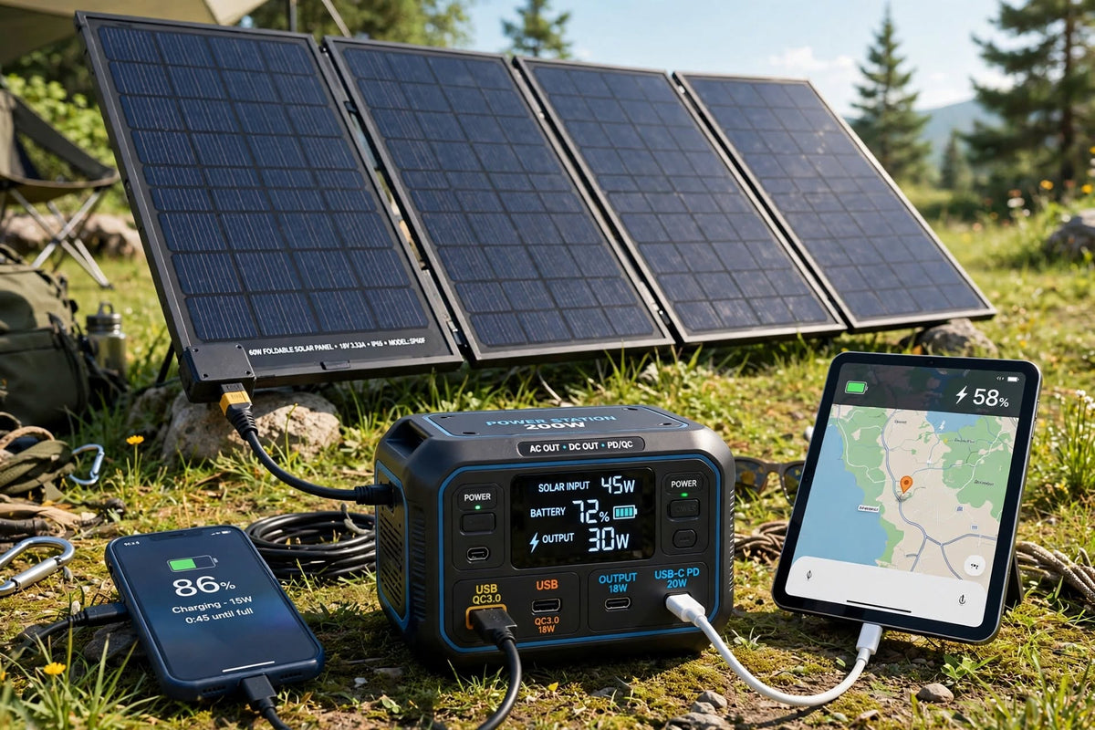 A portable solar power station and solar panels set up outdoors on grass, with a smartphone and tablet connected to the system. The power station displays battery and output information, and the solar panels are angled in the background under daylight.