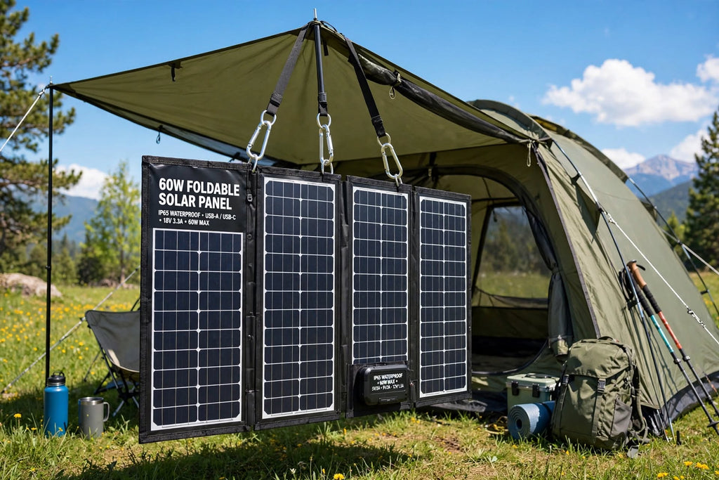 A 60W foldable solar panel set up outdoors beside an olive green camping tent under a blue sky with mountains in the background.