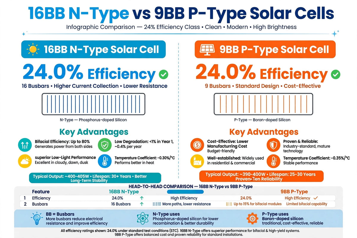 An infographic comparison chart titled '16BB N-Type vs 9BB P-Type Solar Cells' showing side-by-side technical specifications, efficiency rates of 24.0%, key advantages, and a feature comparison table for N-Type and P-Type solar cells.