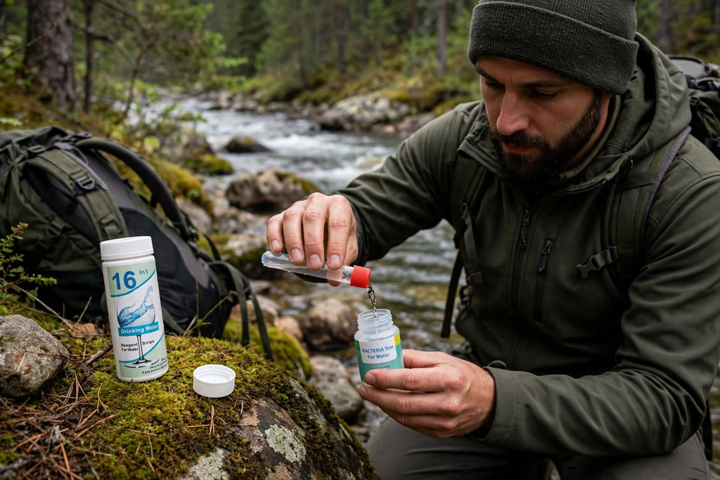 A man in outdoor gear kneels by a flowing river in a forest, preparing a liquid from a small bottle into a larger container. A white bottle labeled '16' and a cap sit on mossy rocks beside him, with a backpack in the background.