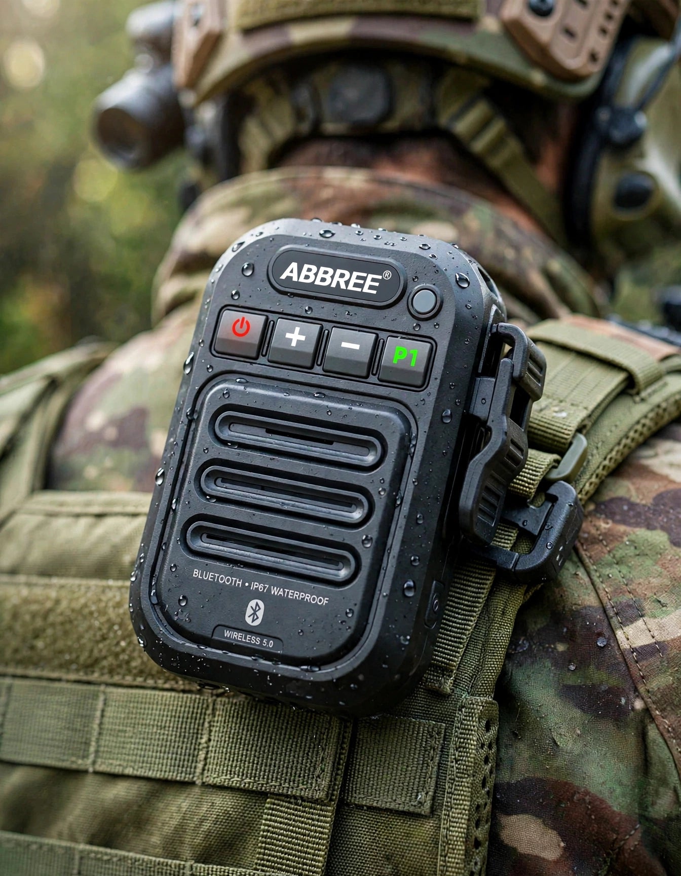 A close-up of a black ABBREE waterproof Bluetooth communication device mounted on a tactical soldier's shoulder harness, with the soldier wearing camouflage gear in an outdoor setting.