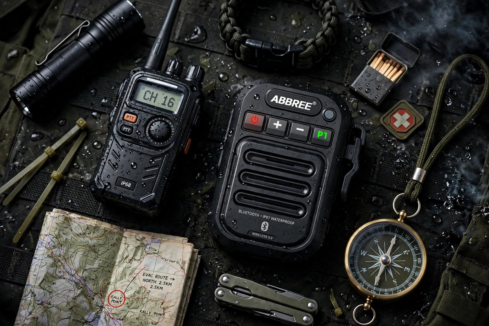 Flat lay of Trend Pulse TacComm Pro Kit including IP67 waterproof radio, wireless Bluetooth mic, antenna, belt clip, and charging cable on a dark tactical surface."