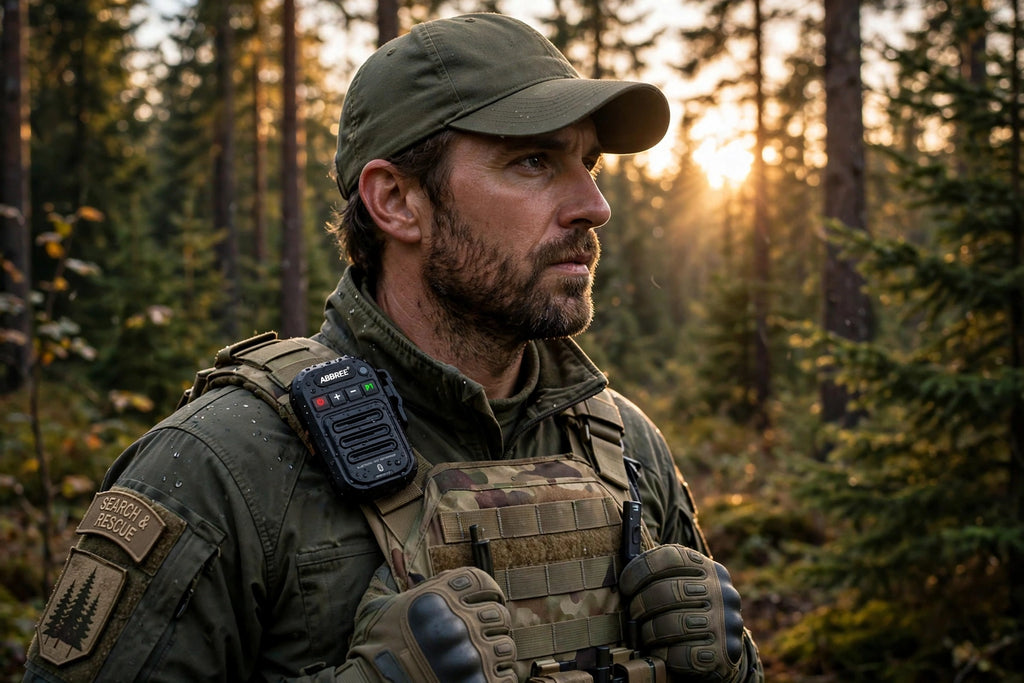 A man in tactical outdoor gear, including an olive green cap, camouflage vest, and gloves, standing in a forest at sunset with the sun shining through the trees behind him.