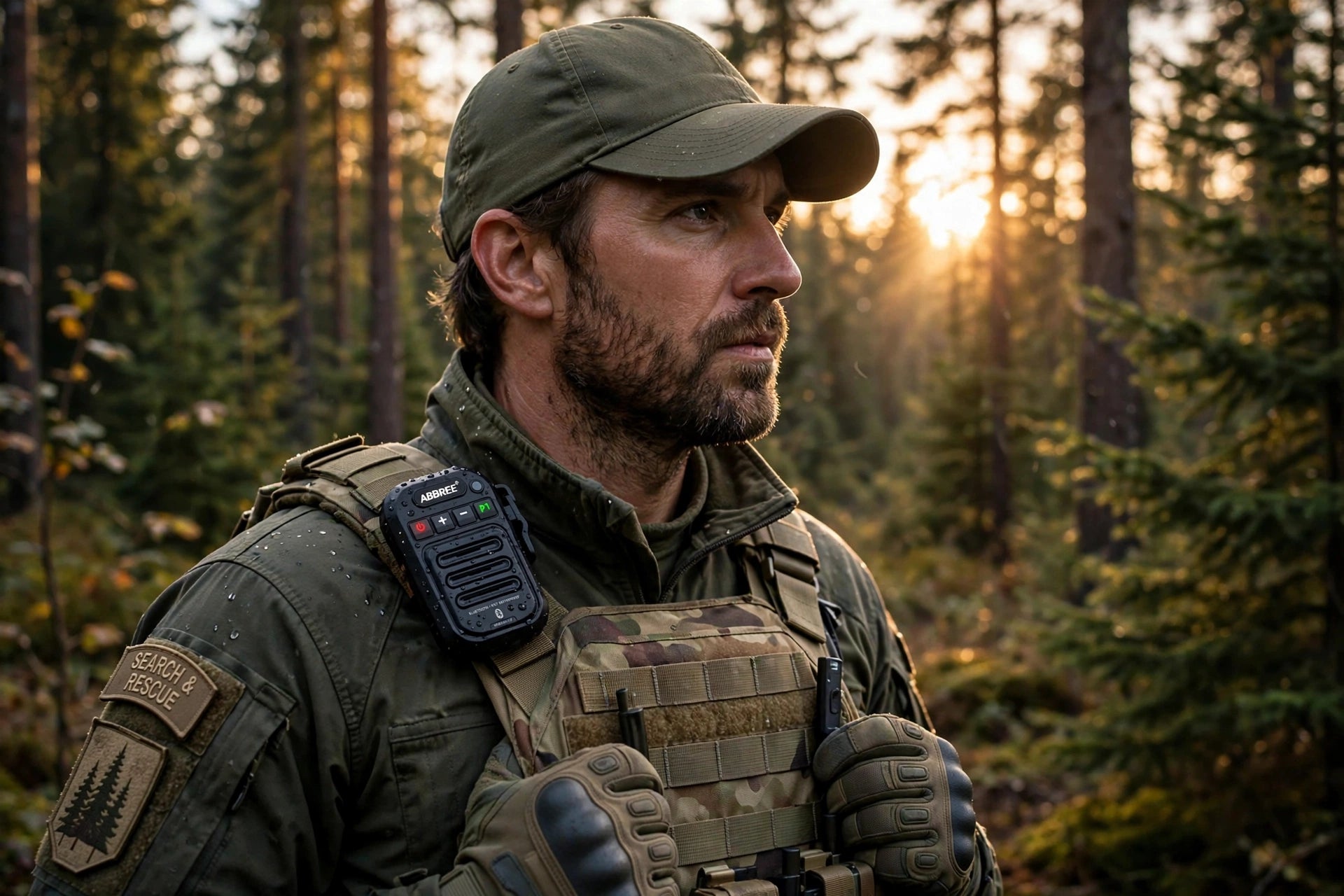 A man in tactical outdoor gear, including an olive green cap, camouflage vest, and gloves, standing in a forest at sunset with the sun shining through the trees behind him.