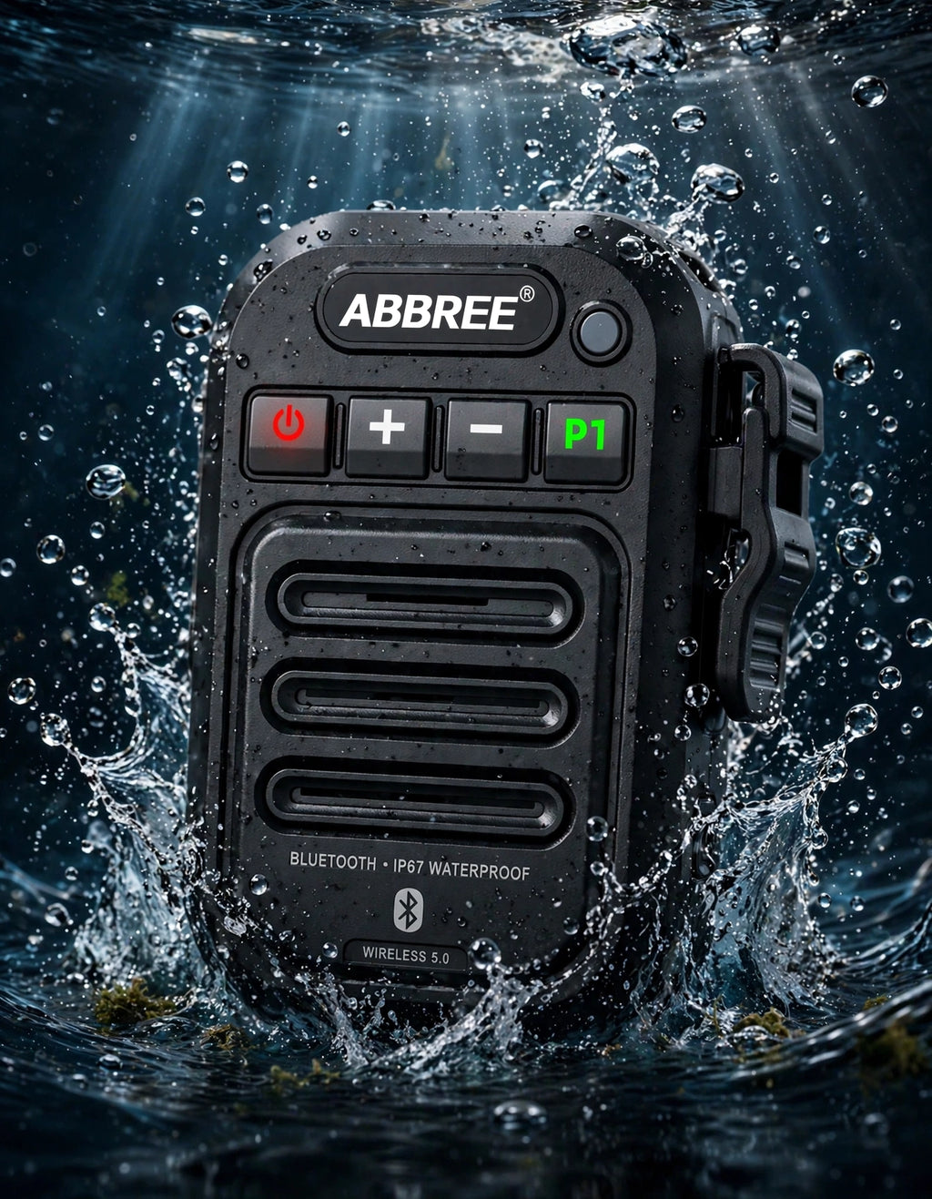 A black Abbree waterproof Bluetooth speaker shown underwater with water splashes and bubbles around it.