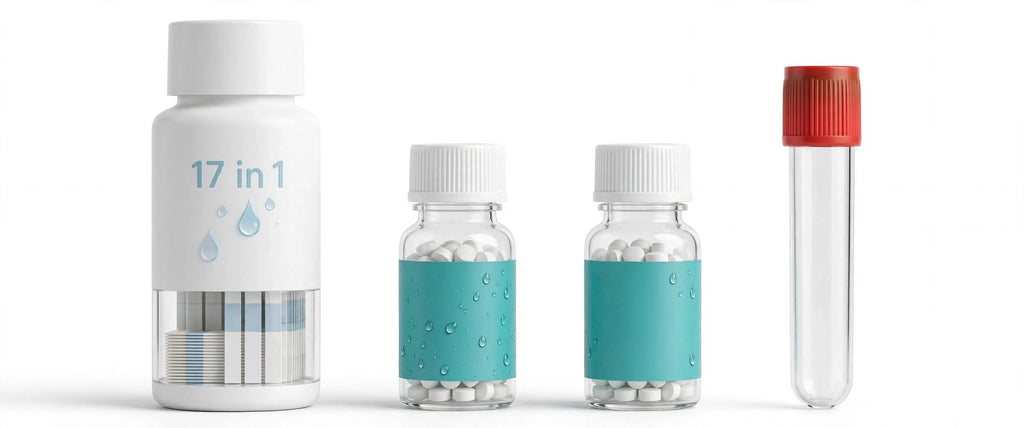 Four pill bottle containers and a clear test tube with a red cap, arranged on a white background. The left container is white with blue '17 in 1' text and a transparent lower section showing tablets.