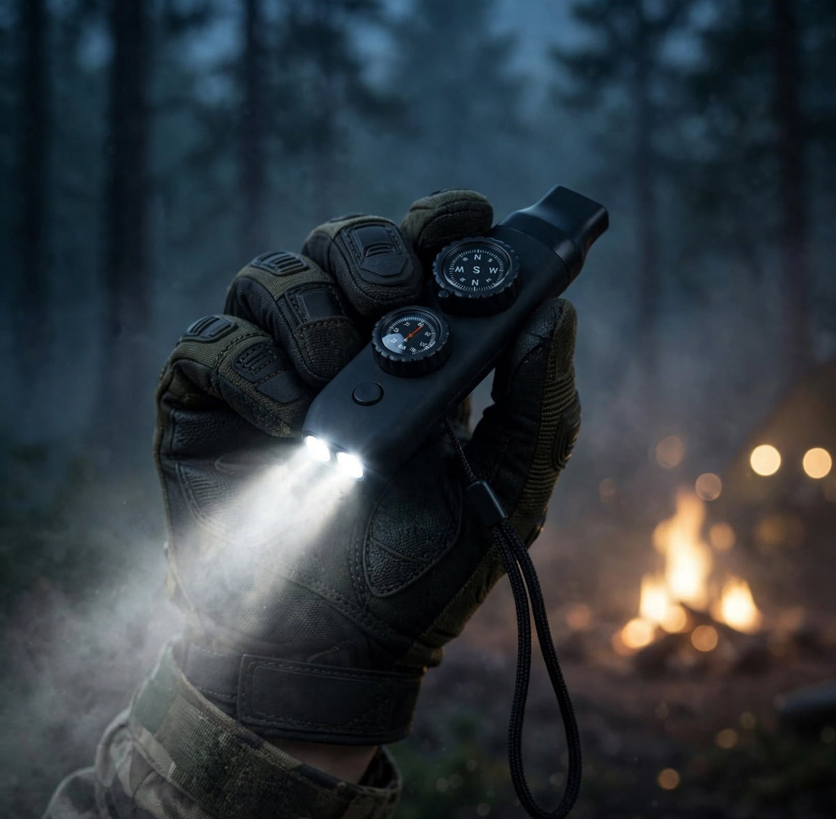 7-in-1 Tactical Survival Whistle - 120dB with Compass, Thermometer & LED